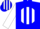 Blue, blue 't' on white ball, blue stripes on white sleeves