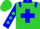 Lime green, blue gc cross, blue collar & epaulets, blue sleeves, lime green diamonds