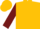 Gold, burgundy circled burgundy 'j', burgundy bars on sleeves