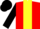 Red, yellow stripe, black sleeves, black cap, yellow peak
