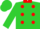 Lime green, red dots and collar, lime sleeves, red cuffs, lime cap