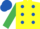 YELLOW, royal blue spots, emerald green sleeves, royal blue cap