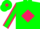 Green body, rose diamond, green arms, rose seams, green cap, rose diamond
