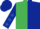 Emerald green & dark blue halved, dark blue sleeves, royal blue stars, dark blue cap