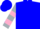 Blue, silver horseshoe on front, pink hoops on sleeves, blue cap