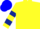 Yellow,, dark blue hoops on sleeves, dark blue cuffs, blue cap