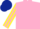 Pink, yellow and pink striped sleeves, dark blue cap