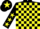Black and yellow check, black sleeves, yellow stars, black cap, yellow star