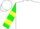 White, green and yellow logo, green and yellow hoops on sleeves, white cap