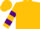 Gold, purple yoke and 'rr', two purple hoops on sleeves, gold cap