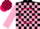 Black, hot pink circle, pink blocks on sleeves