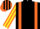 Black, orange braces,  orange and yellow striped sleeves, black and orange striped cap