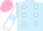 Light blue, white spots, white sleeves, light blue armlets, pink cap