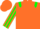 Orange body, green epaulettes, orange arms, green striped, orange cap, green striped