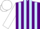 Purple and light blue stripes, white sleeves and cap