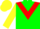 Green, red inverted chevron, yellow sleeves, yellow cap