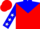 Red, blue yoke, white 'k', blue sleeves, white stars, red cap
