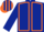 Dark blue, orange seams, dark blue sleeves, striped cap