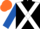 Black, white cross belts, royal blue sleeves, orange cap