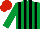 Emerald green and black stripes, red cap