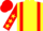 Yellow, red braces, red sleeves, yellow stars, red cap