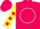 Hot pink, yellow sleeves with hot pink dots,hot pink 'sej' in white circle, hot pink cuffs