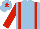 Light blue, red braces, sleeves and star on cap