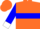 Orange, blue hoop and sleeves, white collar and cuffs, orange cap
