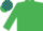 Emerald green, dark blue armlet, dark blue & white check cap
