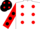 White with red dots, red sleeves with black dots, black cap, red dots
