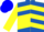 Royal blue, yellow chevrons, blue and yellow quartered sleeves, blue cap, yellow peak