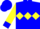 Blue, yellow diamond belt, blue cuffs on yellow sleeves