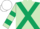 Light green, dark green cross sashes, white sleeves, dark green hoop, white cap