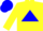Yellow body, blue triangle, yellow arms, blue cap