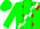 Green, green and red diamonds on white sash, white stripe with red and green diamonds on green sleeves, green cap