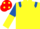 Yellow, royal blue epaulets, royal blue and yellow halved sleeves, red cap, yellow spots