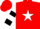 Red ,black'ja' in white star on back, white stars& black hoops on sleeves, black cuffs