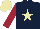 Dark blue, beige star, maroon sleeves, beige cap