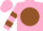Pink, brown ball, pink 'h', two brown hoops on sleeves, pink cap