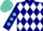Navy blue, three white diamonds, white and turquoise diamonds on sleeves, turquoise cap