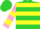 Lime green, black circled n, pink and yellow hoops, pink and yellow bars on sleeves