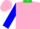 Pink, blue sleeves, white 'foundation' on sleeve, lime green cuffs & collar