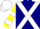 Navy blue, yellow and white cross sashes, yellow and white bars on sleeves, navy cap