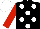 Black, white spots, red sleeves, white cap