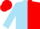 Sky blue and red halved vertically, sky blue sleeves, red cap