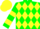 Green, yellow diamonds, yellow bars on sleeves, yellow cap