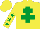 Yellow, emerald green cross of lorraine, yellow sleeves, emerald green stars, yellow cap