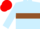 Light blue body, brown hoop, light blue arms, red cap
