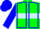 Forest green, light blue hoop, blue seams on sleeves, blue cap
