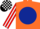 Orange, dark blue disc, red and white striped sleeves, black and white check cap